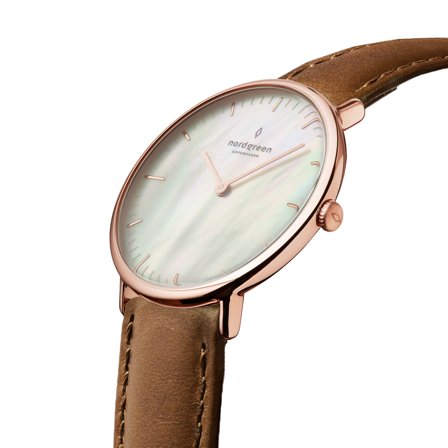 Nordgreen Scandinavian slim analog women's watch - Rose Gold Case - Black Dial - 28mm Brown Vegan Leather Watch Band Native White Dial