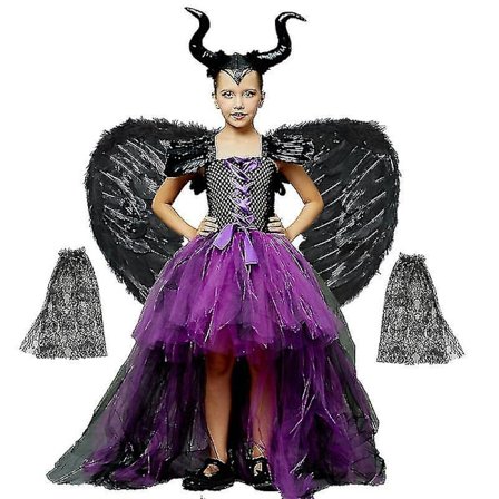 * Halloween Costume Maleficent Tutu Klänning För tjejer Cosplay Evil Queen Black Mesh Princess Dress Kids Crow Wand Maleficent