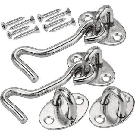 2 stk. Vindtætte kroge i rustfrit stål med ringe og 8 skruer, dørkrogslås