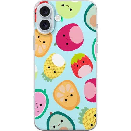 Kompatibelt Mobildeksel til Apple iPhone 16 Plus Mønster av kawaii-frukter som jordbær sitron ananas og avocado på lyseblå bakgrunn