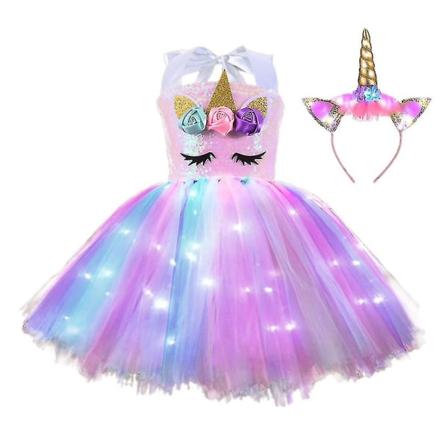 Barn Piger Unicorn Kostume LED Lys Tutu Kjole + Pandebånd Outfits Sæt Cosplay Karneval Fødselsdagsfest A 8-10 År