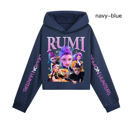 Kpop Demon Hunter Girls Cropped Hettegenser med trykte ermer Marineblå[ZHE] Navy blue XX_max