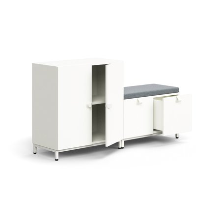 Aufbewahrungseinheit QBUS, Schrank + Aufbewahrungsbank, 868x1600x420 mm, weiß, graues Kissen