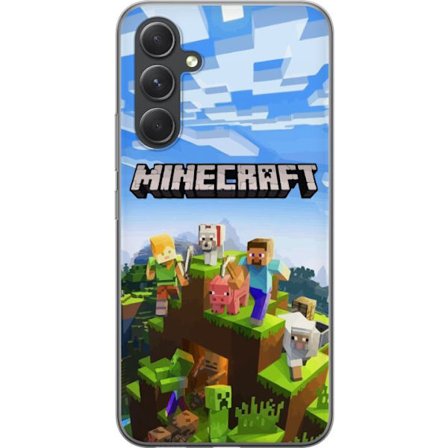 Samsung Galaxy S24 Läpinäkyvä kuori Minecraft seikkailuluola Steve, Alex, eläinten ja mobien kanssa klassisessa lohkokuviossa, jossa koko maailma