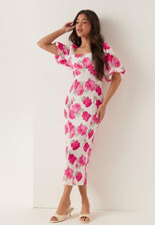 BUBBLEROOM - Volume Sleeve Midi Dress - Pink/Floral