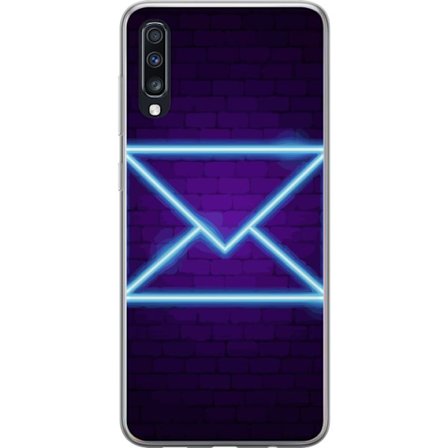 Kompatibelt Mobilskal till Samsung Samsung Galaxy A70 Neonillustration av kuvert i blått ljus mot lila tegelvägg, modern symbol för meddelanden kom