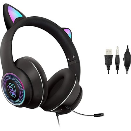Kattöron Gaming Headset med Mikrofon Blinkande Lysande Stereo Headset-Svart