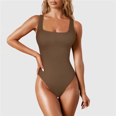 Body Shapewear til kvinder Mavekontrol String Body Shaper Sømløs Ribstrikket Jumpsuit med firkantet hals T-Back Ensfarvet Sexet Jumpsuit Kaffe