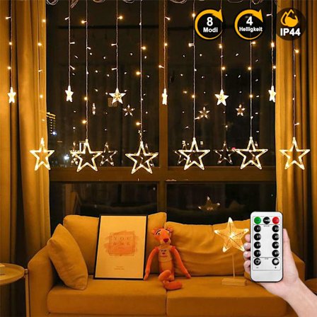 3m stjärnformad LED-ljusslinga med timer, fjärrkontroll 138 LED varmvit ljusslinga, IP44 vattentät