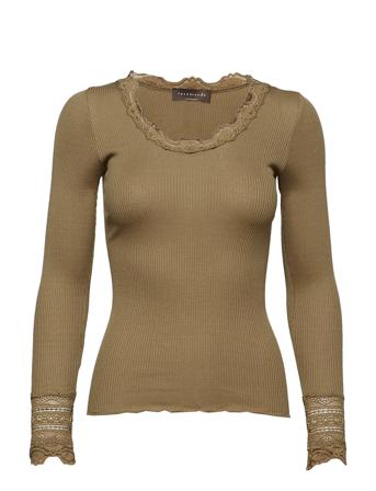 Silk T-Shirt W/ Lace T-shirts & Tops Long-sleeved Grønn Rosemunde