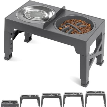 Hævet Hundeskål – Justerbar i 5 Højder, Dobbelt Skål med Slow Feeder og Rustfri Vandskål