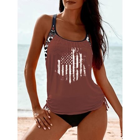 Uudet mallit 2-osainen geometrinen Amerikan lipun tankini-setti - Joustava ja imarteleva, ontto ja nauhallinen design, täydellinen kesän uima-asuihin 