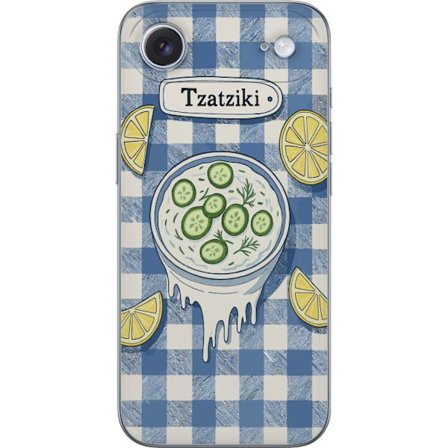 Kompatibelt Mobilskal till Apple Apple iPhone 17 Air Grekisk tzatzikiskål illustration, gurka citron dill blått rutigt mönster, köksplansch design