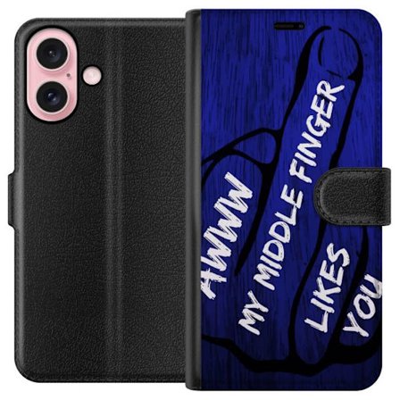 Kompatibelt Lommeboketui til Apple iPhone 16 Mørk typografisk illustrasjon med hjerteform og budskap om vennskap mot dyp blå tretekstur