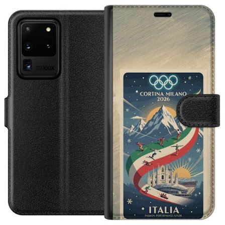 Yhteensopiva Lompakkokotelo Samsung Galaxy S20 Ultra Mäkihyppykuvitus, jossa hiihtäjä tähtää kiväärillä lumisella radalla, teksti Milano Cortina 2026