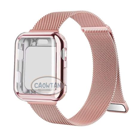Milanese Case+ Rem for Apple Watch Band Ultra 49MM 41mm 40mm 44mm 38mm 42mm TPU Skjerm Iwatch Serie 9 8 7 6 SE 5 4 Correa 45mm rose pink rose pink 