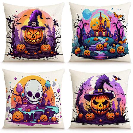Halloween Kuddfodral 45*45cm Set om 4 Pumpa Kråka Skräckfågel Skalle Kastkuddfodral Halloween Dekorationer