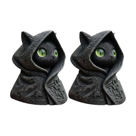 Mystisk Kattfigur med Huvtröja, Festival Gotisk Svart Katt Staty Heminredning [DB]