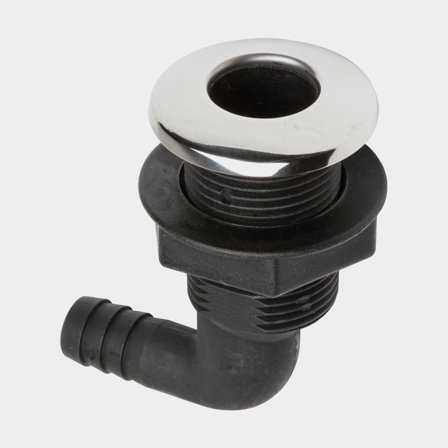 Hose thru-hull with stainless steel cap, plastic, 90° angled, domed, G 1 1/4" (BSP) to 32 mm (1 1/4") hose, black