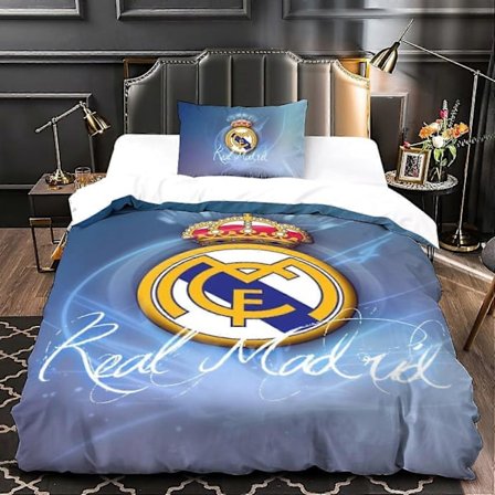 Real Madrid Logo 3 3D Printet Design Berømt Fodboldhold Sengetøjssæt med Dynebetræk og Pudebetræk Enkelt Enkelt135x200cm