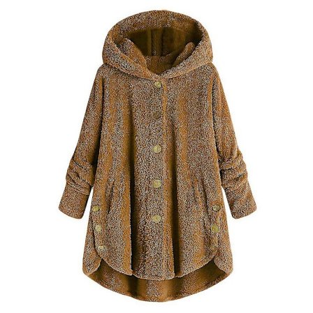 Dame Vinter Varmt Plysset Overfrakke Knappet Jakke Toppe Løse Hættede Yderbeklædning