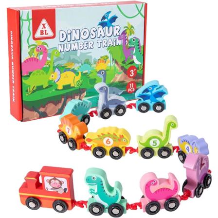 11 st Tågleksaker i trä, siffror för bilar för dinosauriebilar i trä, Räknarleksak för dinosaurier, pedagogisk Montessori- set för dinosaurier, 