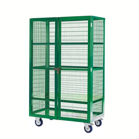 Mobile storage cage, steel shelves, 1955x900x600 mm, green