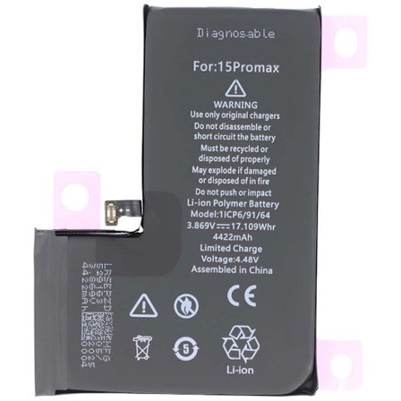 Diagnostiserbar Batteri för iPhone 15 Pro Max Li-Polymer 3,86V 4422mAh 17,1Wh Svart