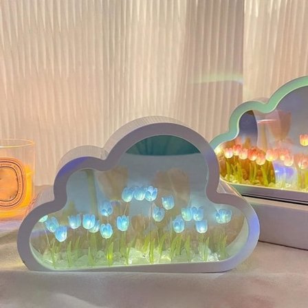 DIY tulipan natlampe, sky spejlsimulering, blomster, sengelampe, boligindretning, rumdekoration til teenagepiger, lys (blå)