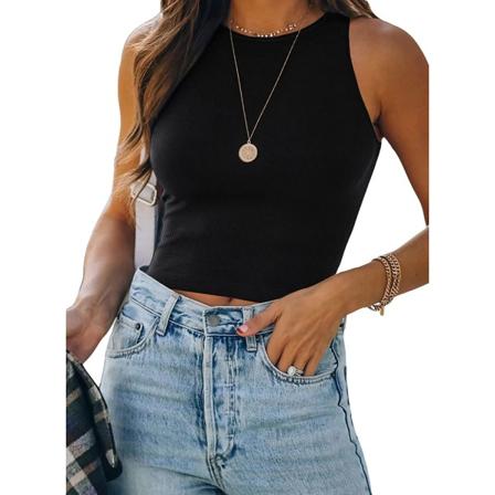 Kvinnors sexiga ärmlösa racerback tank tops med halterneck A Black S