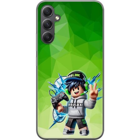 Kompatibelt Mobildeksel til Samsung Galaxy S23 FE Roblox-inspirert gamerfigur med headset, håndkontroll og energiske effekter mot grønn bakgrunn