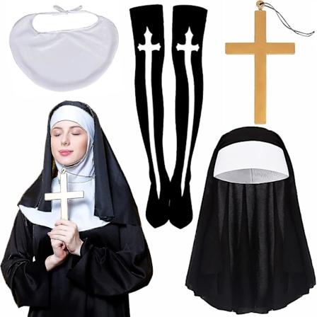 4-osainen nunna-asusetti, nunnan hattu, nunnan kaulus, ristiriipuskaulakoru, polvipituinen reisi-sukat Halloween-cosplay-naisten naamiaisasuste