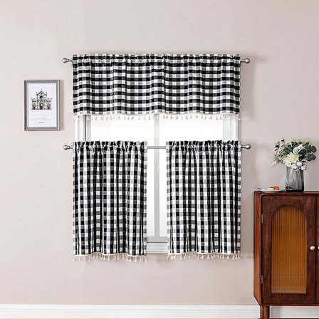 Køkkengardin Stang Gardin Dør Gardin Blonde Plaid Kort Gardin (Sort 90*140cm)