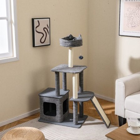 COSTWAY Klösträd Multi-Nivå 117 CM, Klösväggar, Sisal Ramp, Lägenhet, Pär perch, Hängande Leksaker, Hoppa Plattform