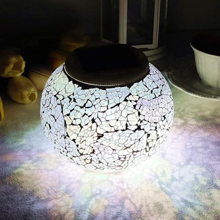 Solcelle glasskule bordlampe misfarget solmosaikk sprukket