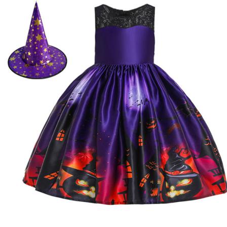 1st Halloween Witch Costume Outfit Cosplay Klänning Set Purple 120cm