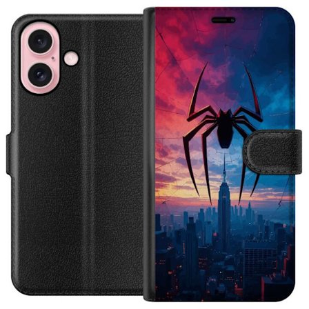Kompatibelt Lommeboketui til Apple Apple iPhone 16 Stilisert edderkopp over bysilhuett i dramatisk solnedgang, grafisk fantasyillustrasjon med sterke