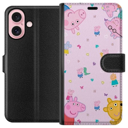 Kompatibel Tegnebogsetui til Apple iPhone 16 Peppa Gris med en baby i armene, morgris motiv i farverig og blød børneillustration med hjerter