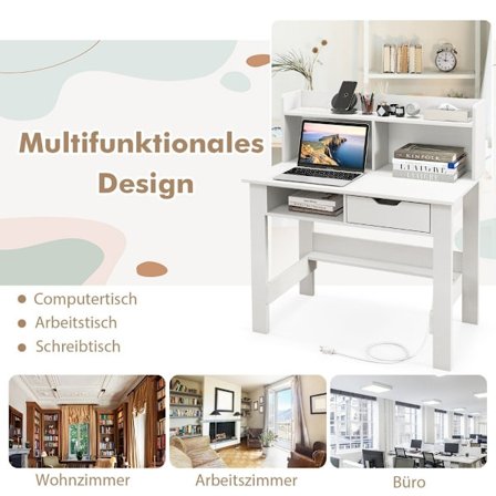 Skrivebord med stikkontakter Lille computerbord med beslag 95 x 56 x 109,5 cm hvid