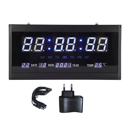 LED Digital Evighetskalender Hængende Ur Stue Kontor Væg Ur EU Stik 110-220V Sort Ramme Blå Ciffer