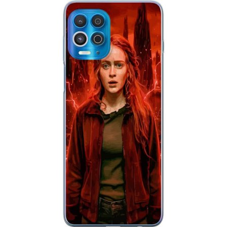 Kompatibelt Mobilskal till Motorola Edge S Porträtt av en ung kvinna med rött hår i en apokalyptisk landskap, röda blixtar och mörka klippformati