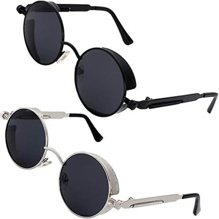 Retro Runde Sirkel Polariserte Steampunk Solbriller Menn Kvinner Uv400 Beskyttelse Black and gray