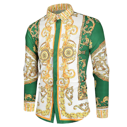 Herr Royal Skjorteprint Lapel Luksus Slim Fit Skjorte Business Langærmet Topper til Festbal CNMR Grøn XL Green