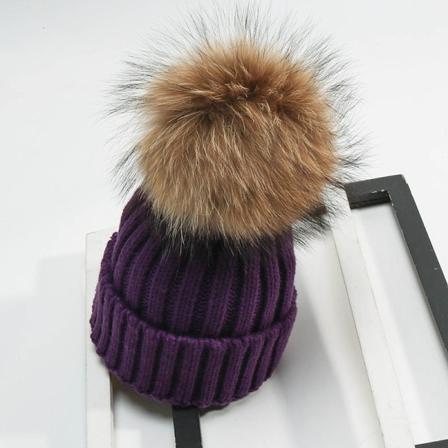 Varm vinterstrikket huehue Pelsboldhat Mandlige og kvindelige studerende Sød pels fortykket alle matchende unisex Purple Adult model (56-59cm)