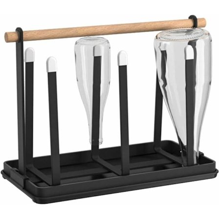 Flaskeholder, 6 flaske dræn, flaskeholder, flaskeholder med aftagelig tørremåtte, flasketørrer til forskellige flasker og kopper (sort)