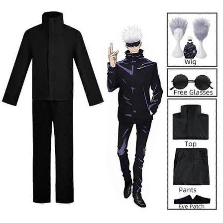 Anime Jujutsu Kaisen Gojo Satoru Cosplay -asu, silmälappu, peruukit, lasit, puku, Halloween-asut miehille - Täydellinen