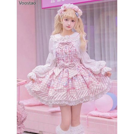 Sweet Lolita -tyylinen sarjakuvaprinttikuvioinen prinsessamekko naisille, söpö rusetti, pitsi, juhlat, olkaimelliset mekot, tyttömäinen Harajuku 