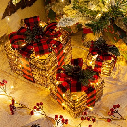 Sæt med 3 Julelysende Gaveæsker, Brun Rattan Lysende Gaveæsker med Sløjfer, LED Julegaveæsker til Julepynt Have