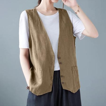 Piger Solid Farve Trendy Cool Hip Pop Ærmeløs Bomuld Linned Vest Knaplås V-Hals Vest Jakke Alsidig Og Daglig Khaki XL