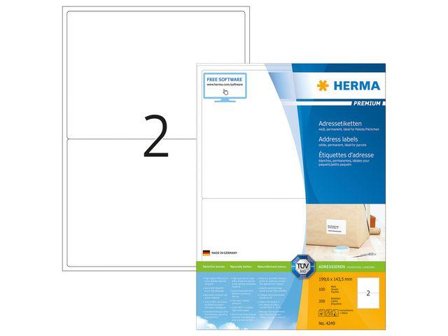 Herma Premium - Papir - matt - permanent selv-adhesiv - hvit - 199.6 x 143.5 mm 200 etikett(er) (100 ark x 2) laminerte adresseetiketter